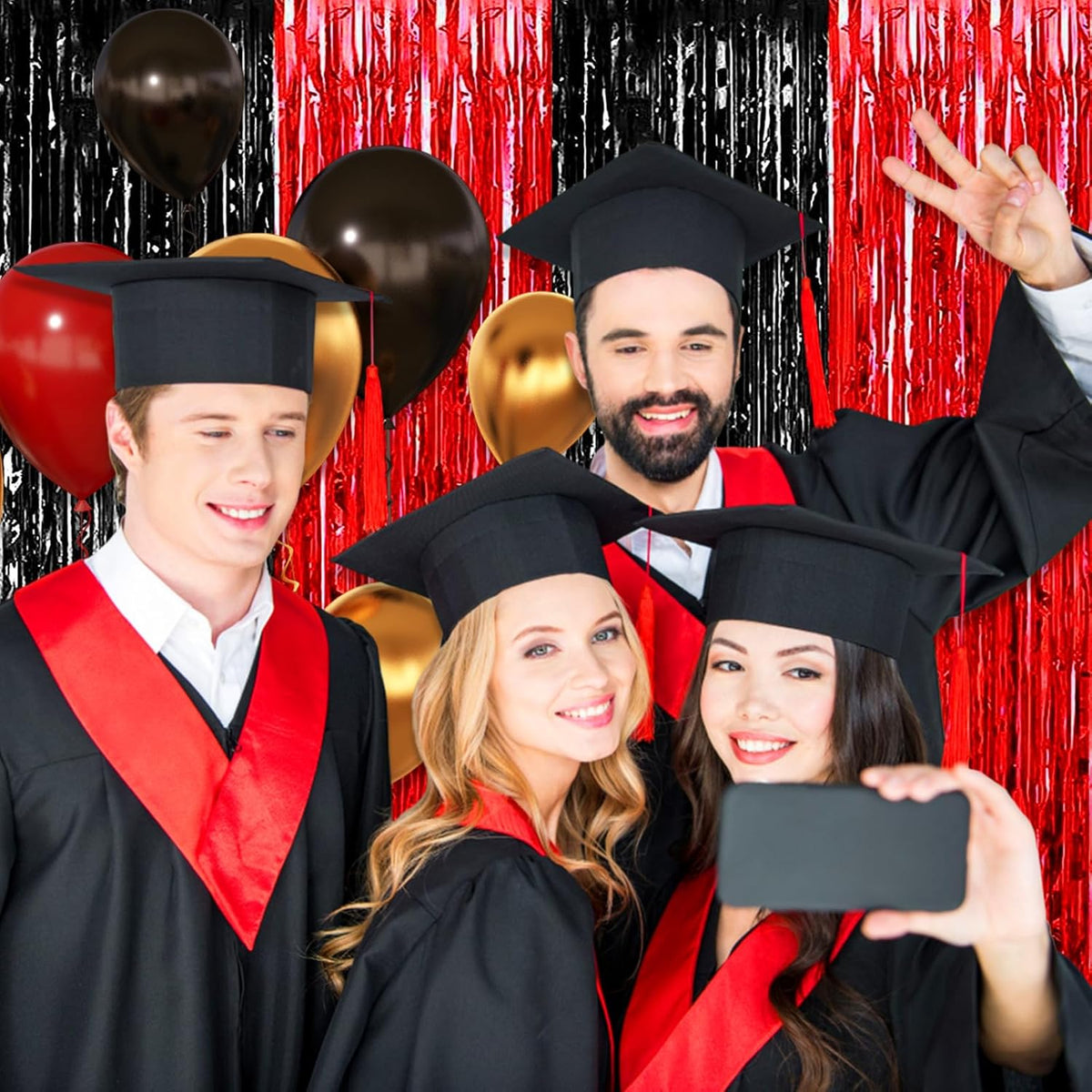3 Pack Black Red Foil Fringe Curtain Backdrop, 3.28Ft x 8.2Ft Metallic Tinsel Foil Fringe Streamer