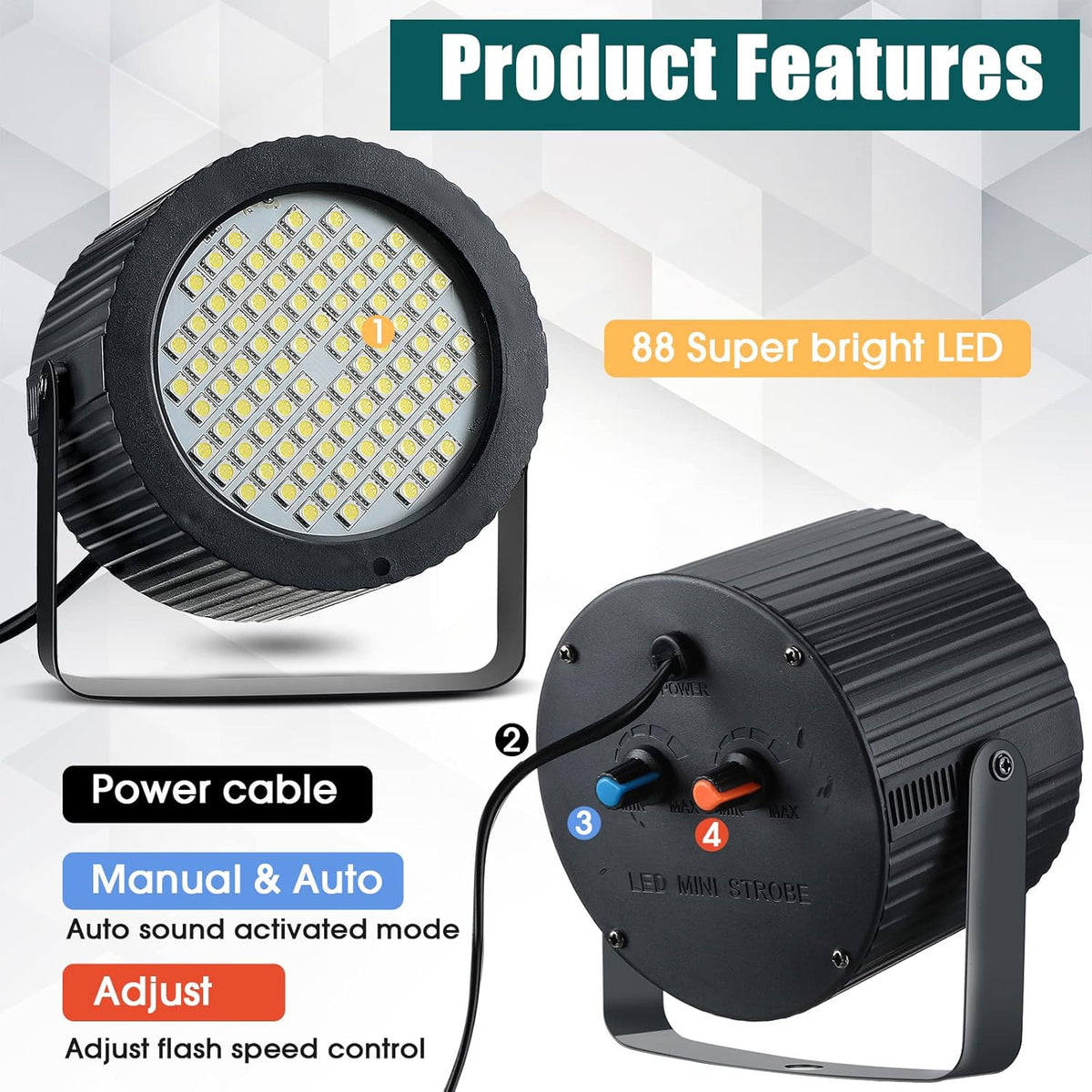 2 Pcs Bright White Strobe Light 88 LEDs Flash Party Lighting Speed and Sound Modes Flashing Lights