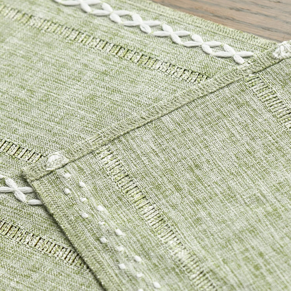 Artoid Mode Sage Green Rustic Cotton Linen Table Runner, Seasonal Embroidered Hollow Kitchen Dining