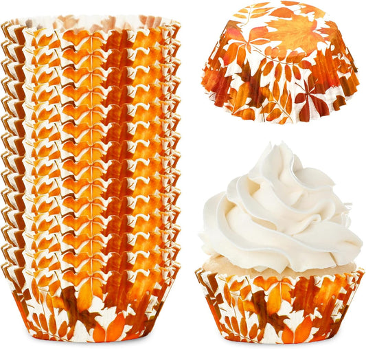Whaline 300Pcs Fall Cupcake Liners Orange Maple Leaves Paper Baking Cups Thanksgiving Watercolor