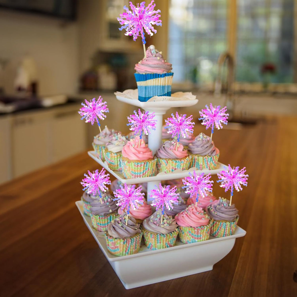 Gyufise 20Pcs Foil Firework Cupcake Toppers Happy Birthday Cake Toppers Sparkle Tinsel Flower Drink