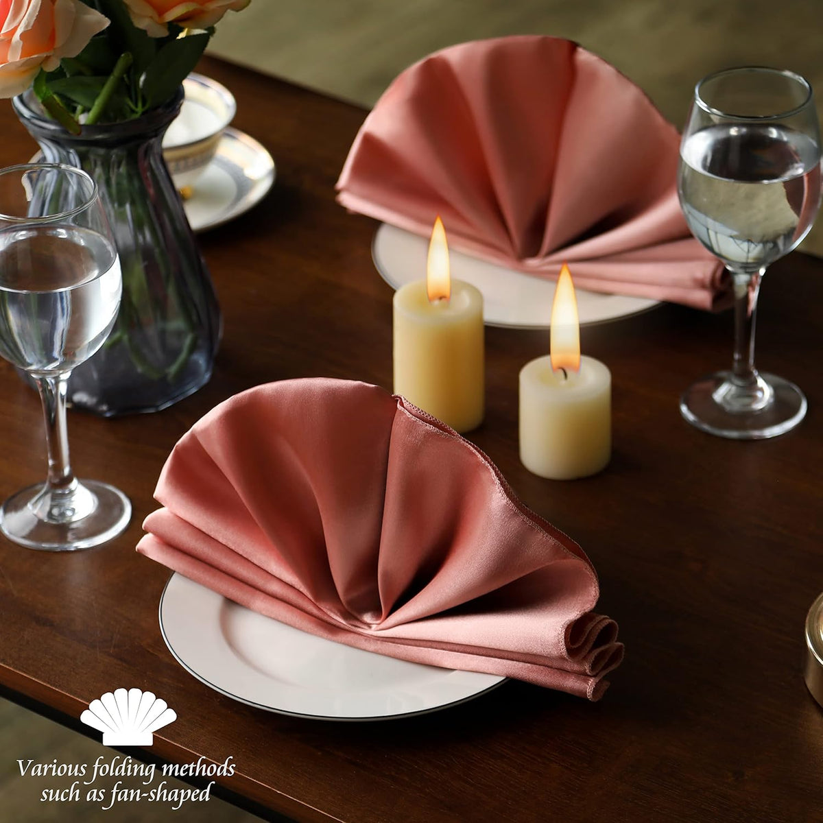 Manyshofu 50 Pieces Rose Gold Satin Napkins - 12x12 Inches Cloth Napkins, Square Satin Fabric