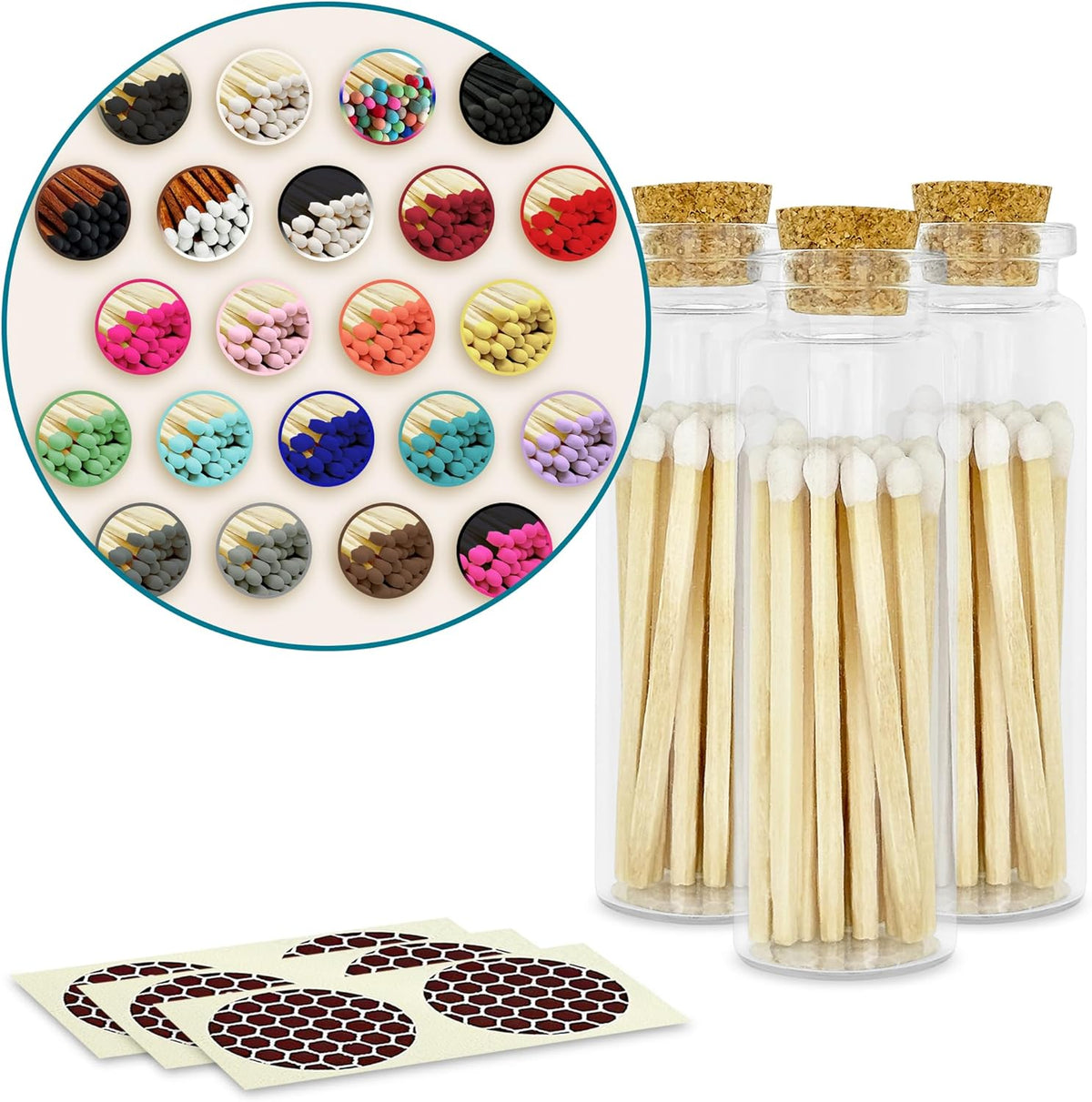 Thankful Greetings 2" Matches in 3 Glass Bottles Cork Top, Striker Stickers Included | 60