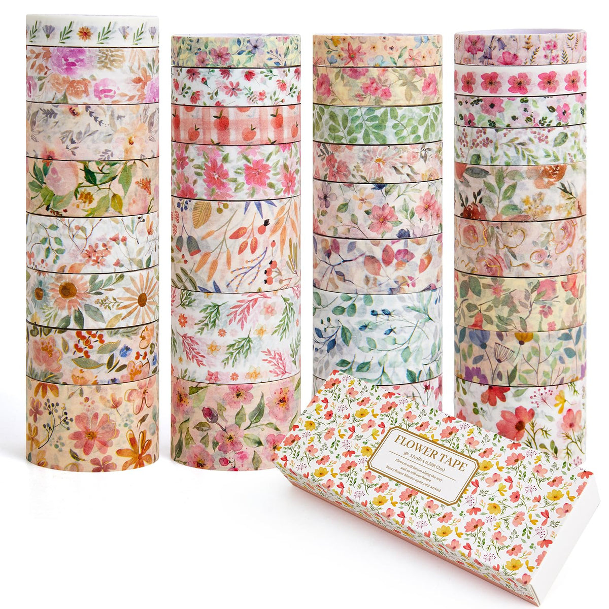 32 Rolls Washi Tape Set, Colored Floral Decorative Masking Tape, Artists Tapes for Journaling, Junk
