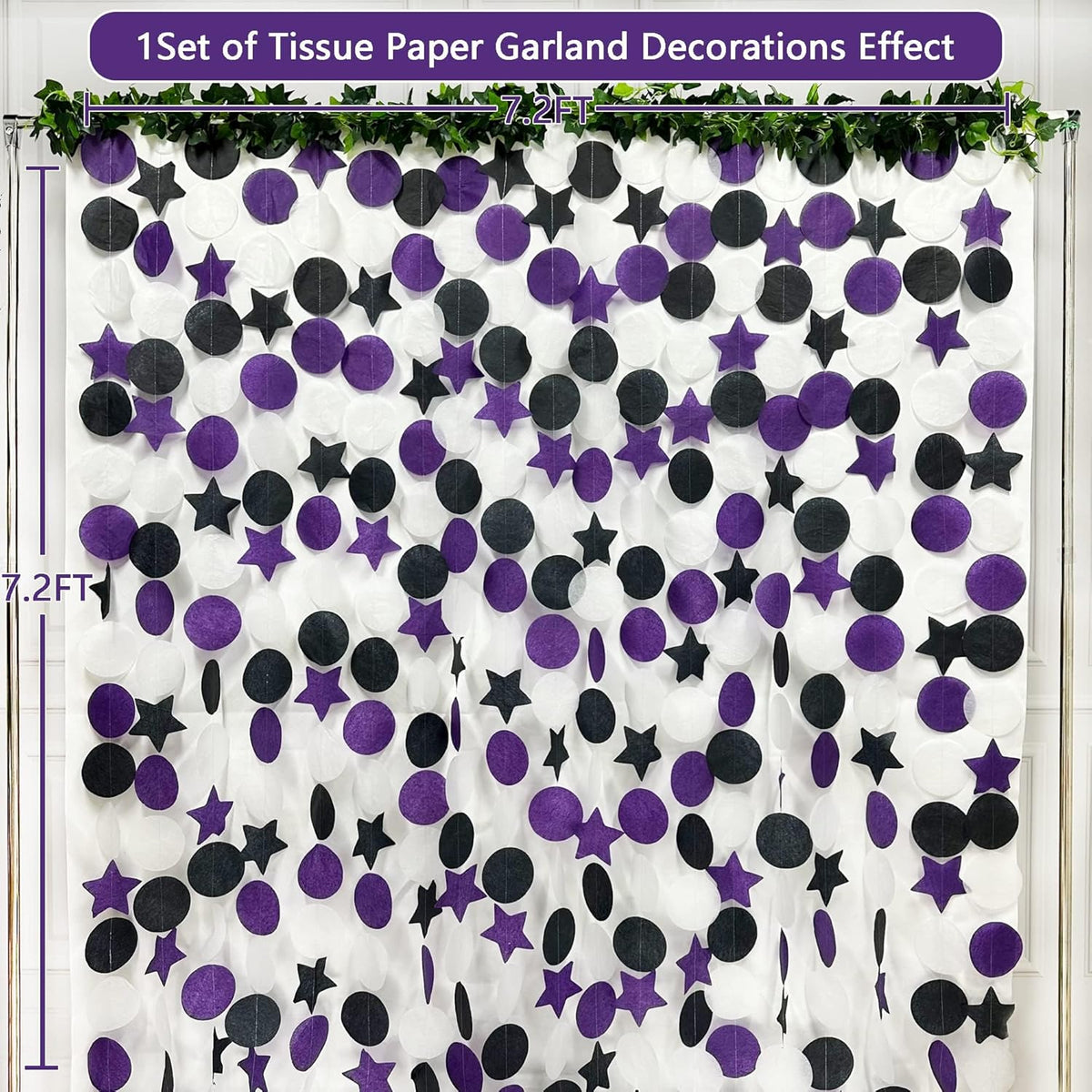 173 Ft Purple Black and White Party Decorations Big Star Circle Dot Backdrop Streamer Garland for