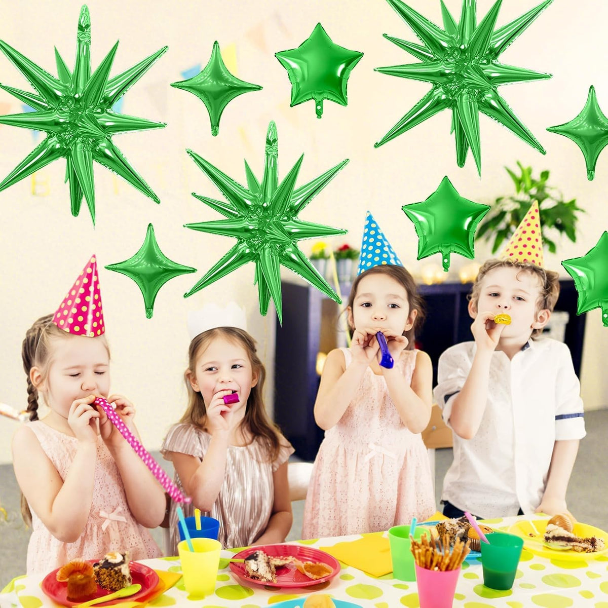 Green Star Balloon,16Pcs Star Foil Balloons Set with 22Inch Explosion Spike Cone Balloons and