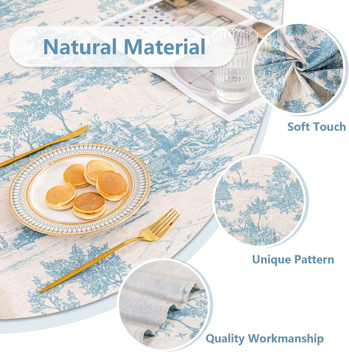 MYSKY HOME Linen Vintage Rectangle Tablecloth 60x84 Inches, Blue Castle Print Table Cloth for