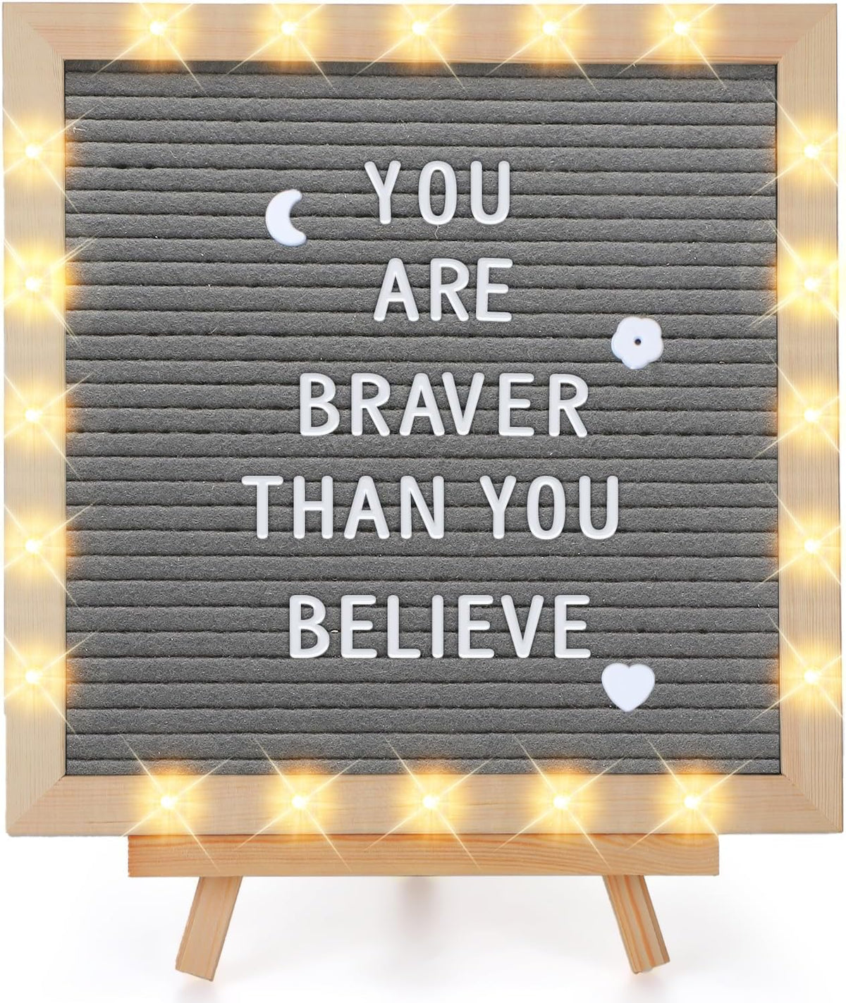 Light up Changeable Felt Letter Board Sign with LED Lights - 10×10" Message Board & Wood Stand &