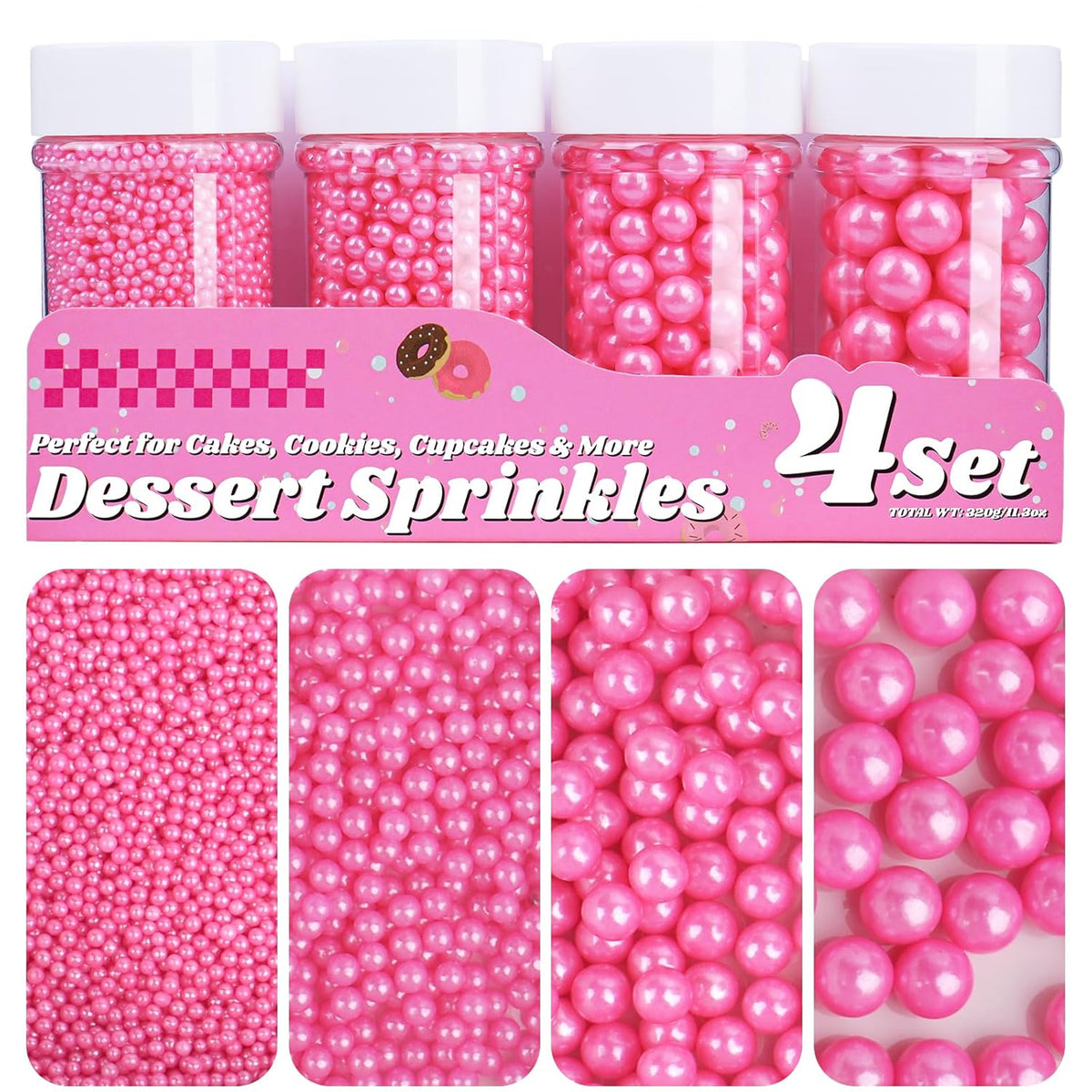 Pink Pearl Sprinkles for Cake Decorating, 11.3 Oz Edible Pearls Sugar 4 Sizes Gift Box Set for