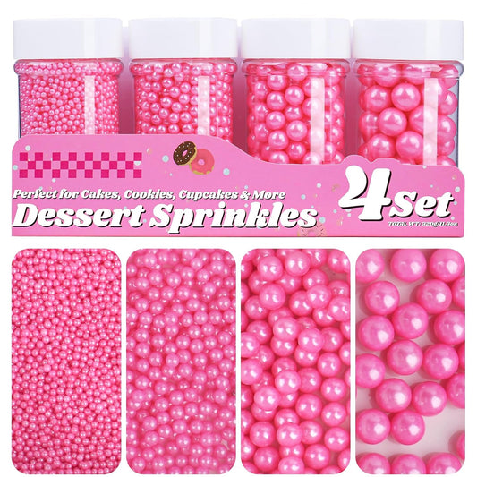 Pink Pearl Sprinkles for Cake Decorating, 11.3 Oz Edible Pearls Sugar 4 Sizes Gift Box Set for