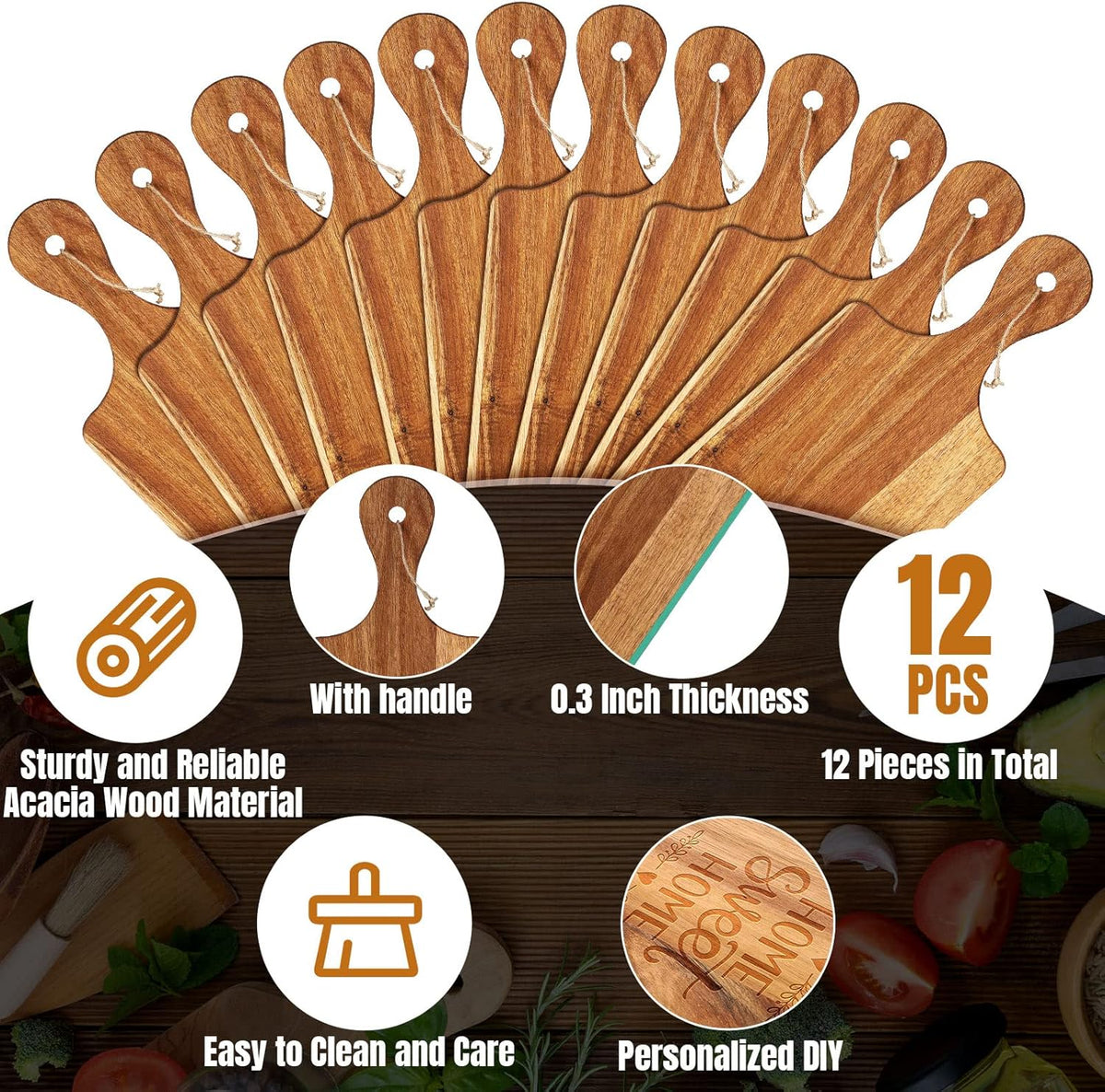 Patelai 12 Packs Wooden Cutting Board Set with Handles Large Kitchen Serving Plain Chopping Board