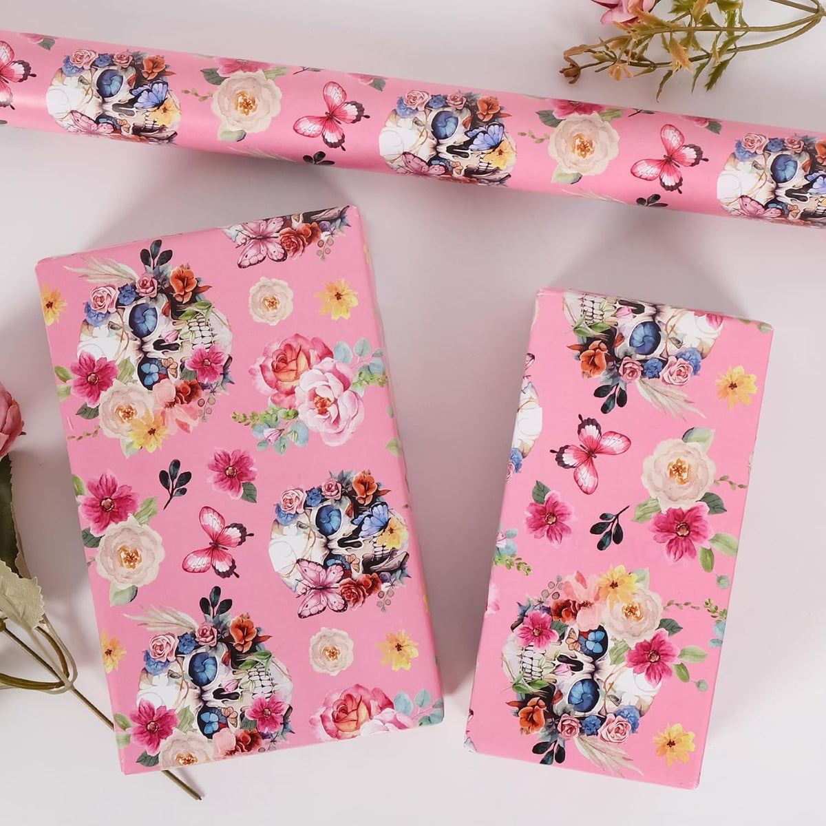 Aimyoo Gothic Wrapping Paper Roll, 17 Inch X 33 Feet Skull Floral Butterfly Design Gift Wrap Paper