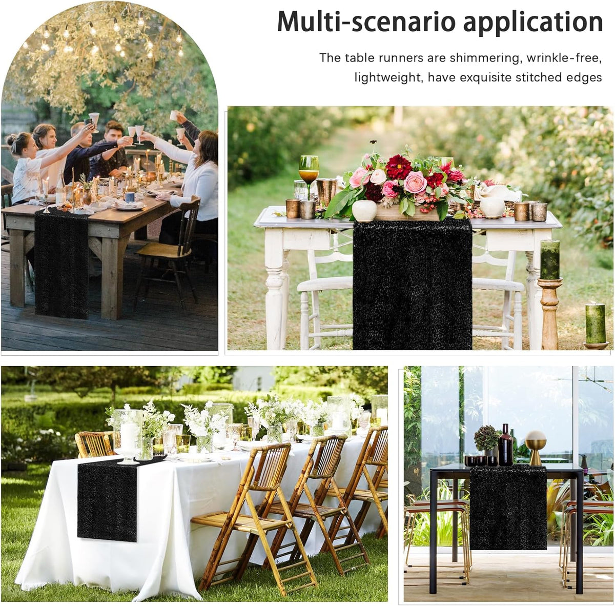 2 Packs 12 x 72 inches Sequin Table Runner, Black Glitter Table Runner for Birthday Party Supplies