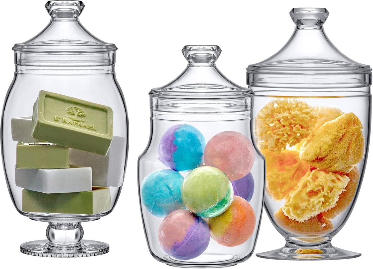Amazing Abby - Keep - Acrylic Apothecary Jars (3-Piece Set), Plastic Jars with Lids, Bathroom