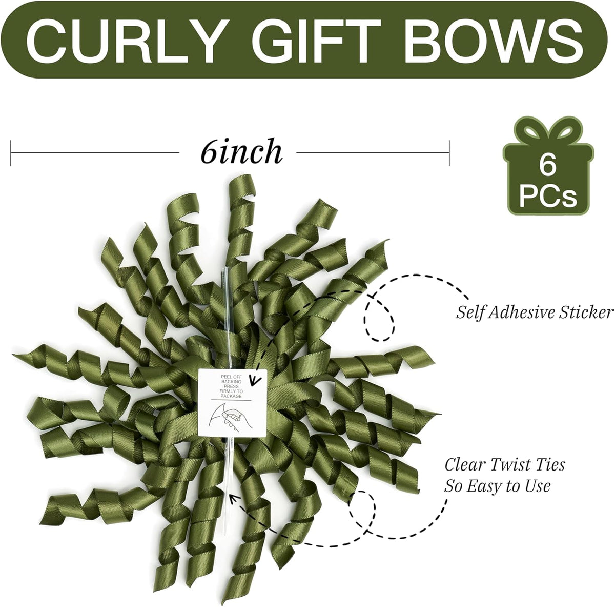 6 Inch Moss Curly Bows for Gift Wrapping Set of 6, Self Adhesive Bows Olive Green Gift Bows for