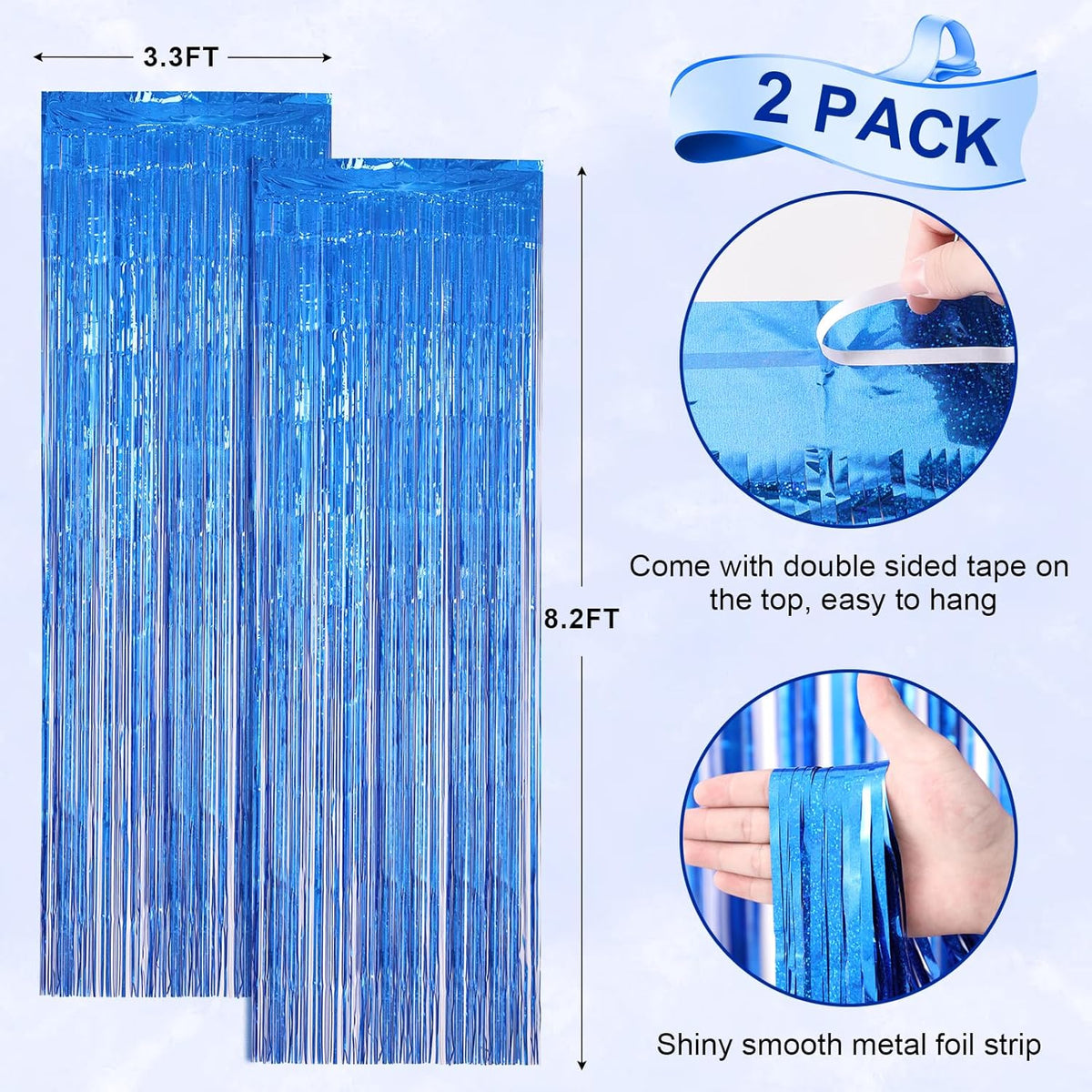 2 Pack Laser Blue Foil Fringe Backdrop Curtains, Tinsel Streamers Birthday Party Decorations