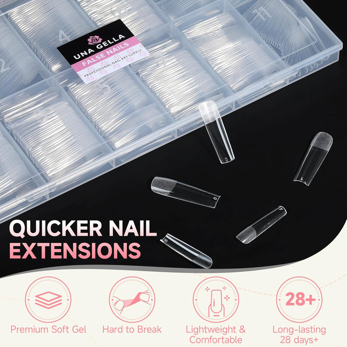 UNA GELLA Nail Tips Sqaure Extra Long Tapered Sqaure Nail Tips 504pcs XXL Clear Fake Nails Full