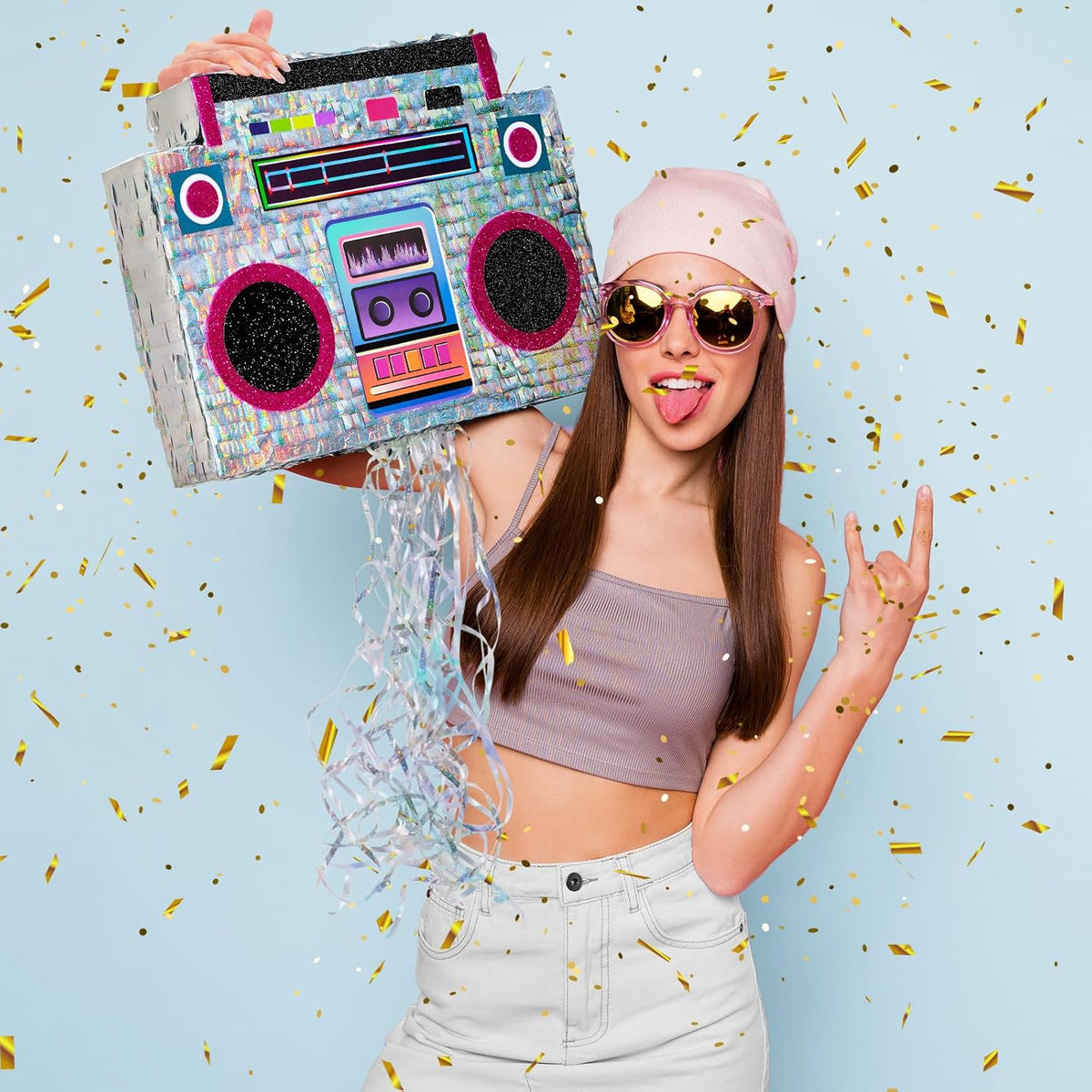 WERNNSAI Music Player Piñata - 80s and 90s Theme Party Decorations Piñata Bundle with Blindfold and
