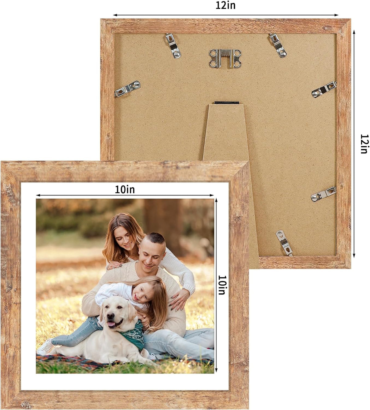 12x12 Picture Frame Set of 4 with Tempered Glass, Rustic Brown Frame Display 10x10 Pictures with