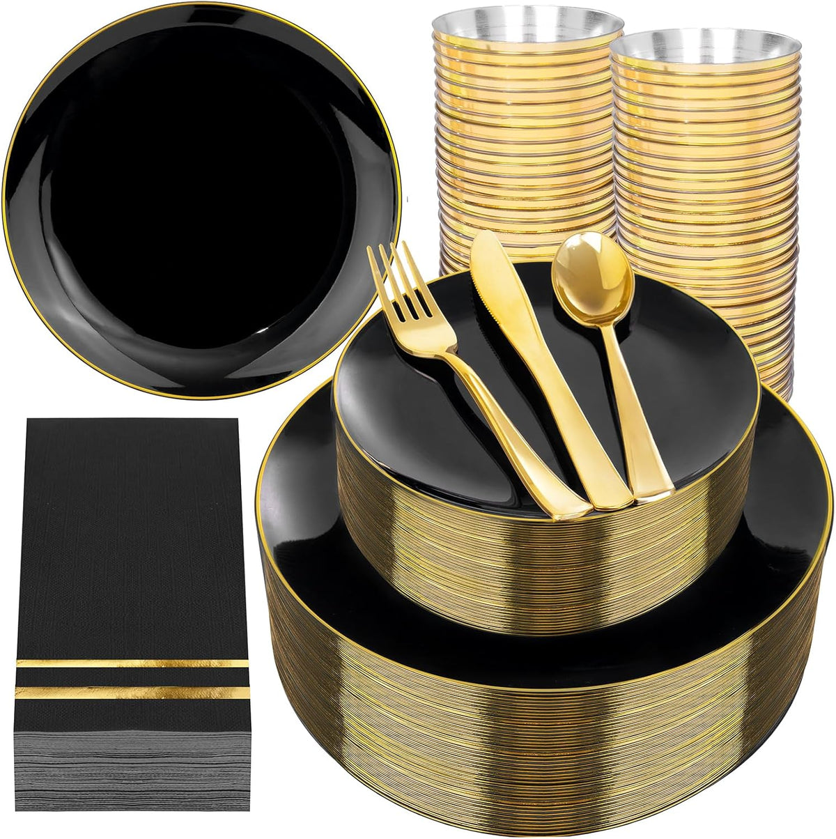 NOCCUR 350PCS Black and Gold Plastic Plates - Black Disposable Dinnerware Set for 50 Guests, 100
