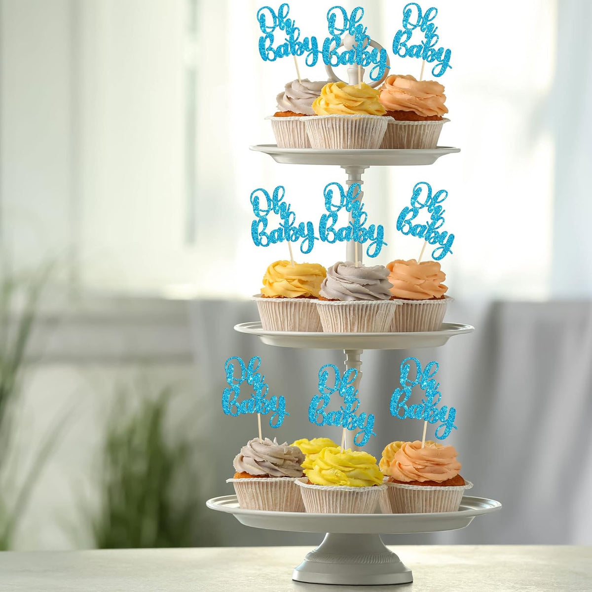 Gyufise 36 Pack Blue Glitter Oh Baby Cake Cupcake Toppers Picks for Wedding Birthday Baby Shower