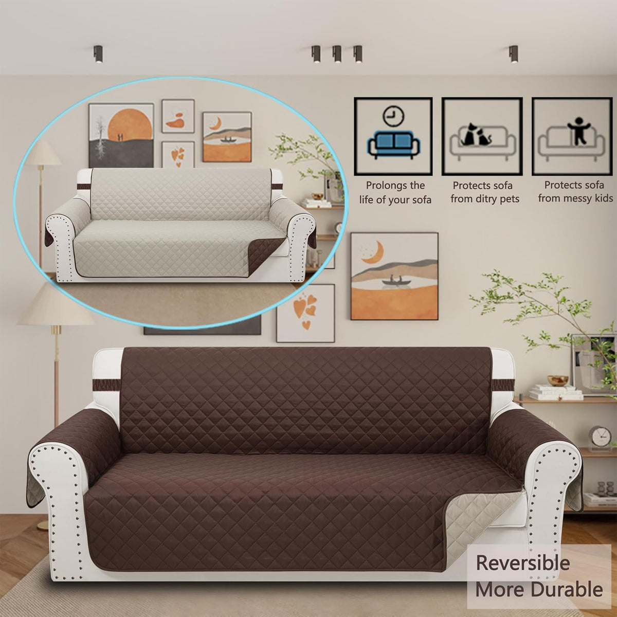 Reversible 4 Seater Sofa Cover 91 Inch Large Couch Cover Furniture Protector(Sofa