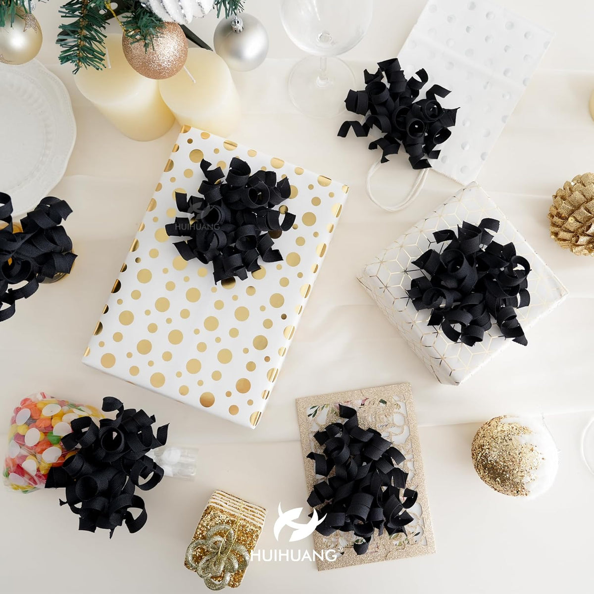 HUIHUANG Black Bows for Gift Wrapping, Black Curly Ribbon Bows Self Adhesive Burst Gift Bow for