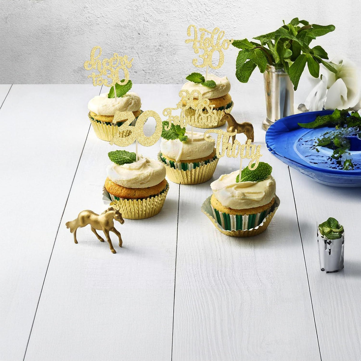 30Pcs Happy 30th Birthday Cupcake Toppers Gold Glitter Thirty Cheers to 30 Birthday Cupcake Picks