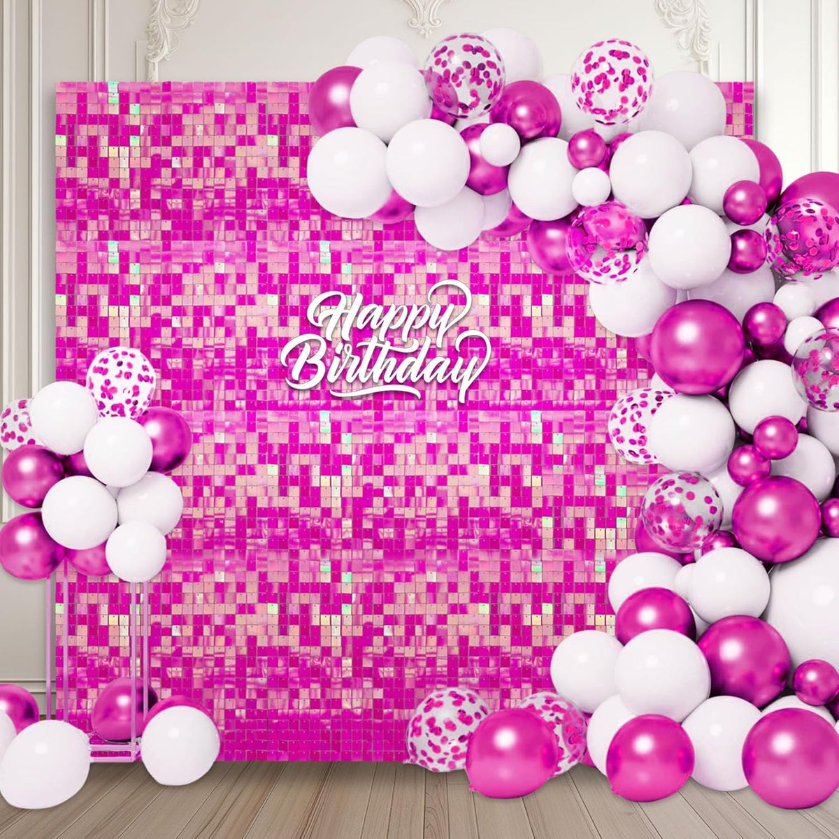 24PCS Colorful Pink Shimmer Wall Backdrop, Square Sequin Photo Backdrops Panel, Glitter Wall