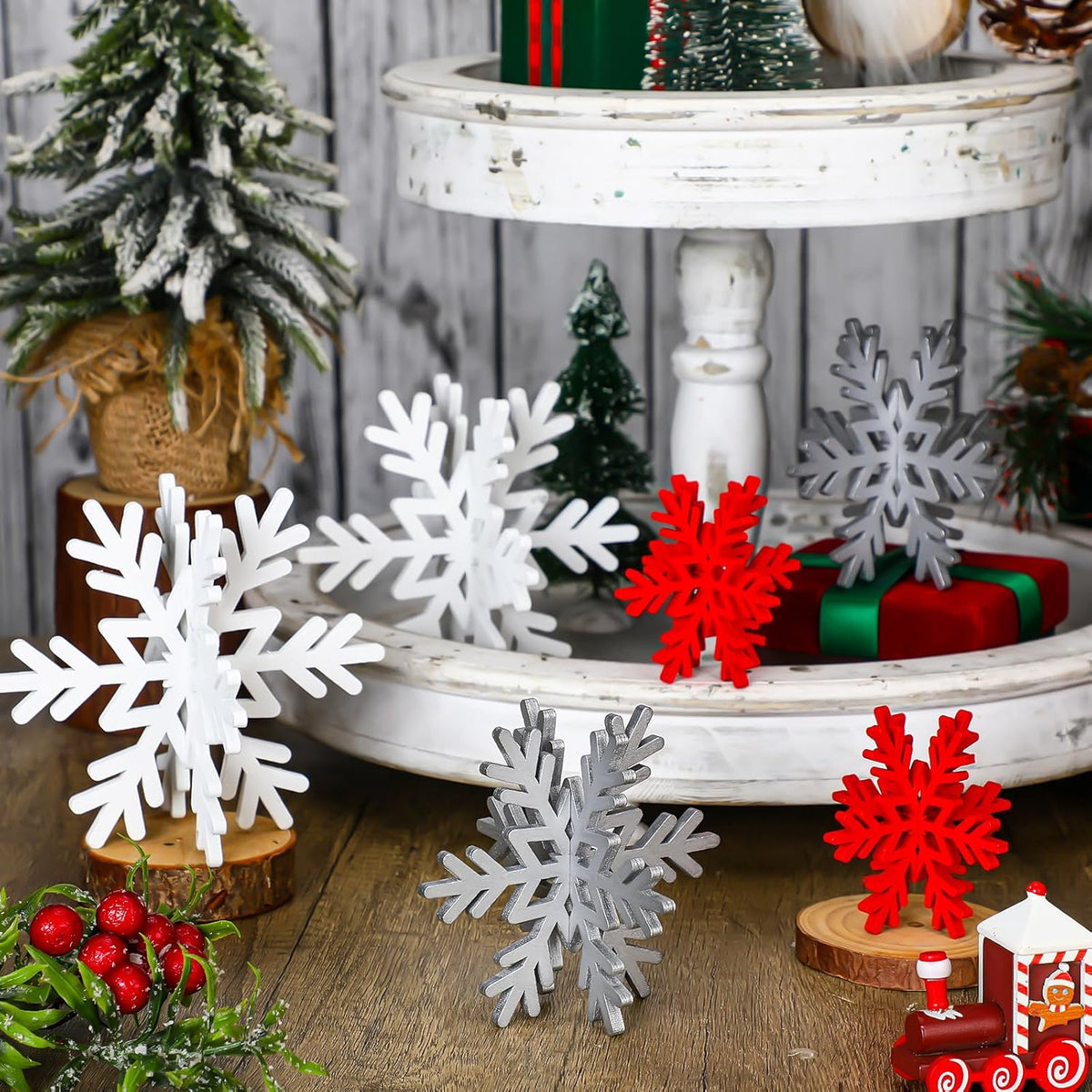 Qunclay 20 Pcs Wooden Snowflake Decorations 3D Snowflake Tabletop Decor Christmas Signs and