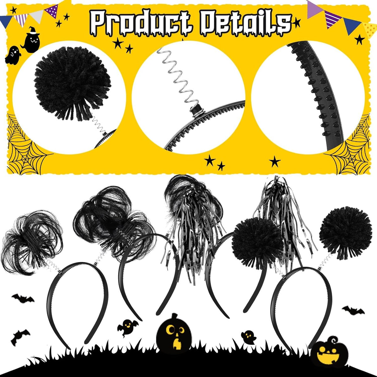 Censen 12 Pcs Halloween Pom Pom Party Headbands Tinsel Ponytails Spirit Head Bopper Headwear for