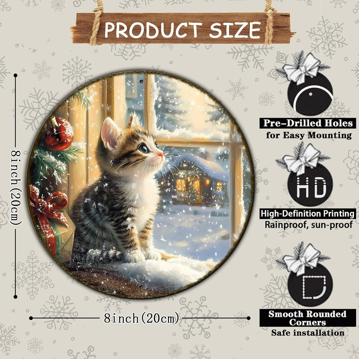 Round Christmas Sign Cats Vintage Metal Sign Christmas Kitten Retro Tin Sign Wall Decor for Home