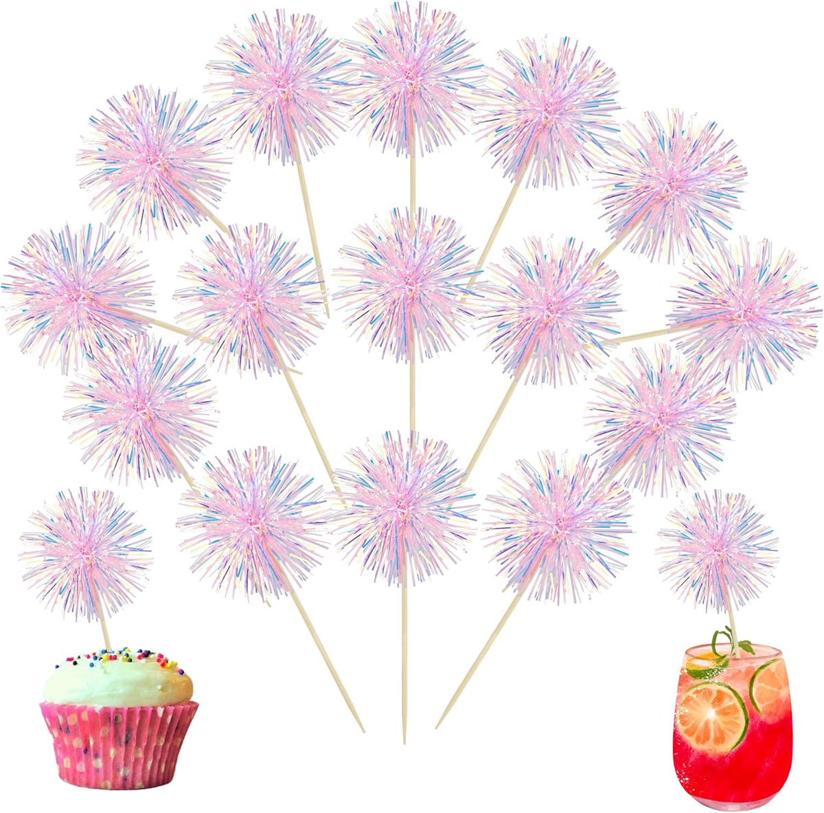Ephlyn 30Pcs Foil Firework Cupcake Toppers Happy Birthday Cake Toppers Tinsel Flower Drink Stirrers
