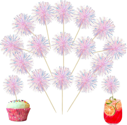 Ephlyn 30Pcs Foil Firework Cupcake Toppers Happy Birthday Cake Toppers Tinsel Flower Drink Stirrers