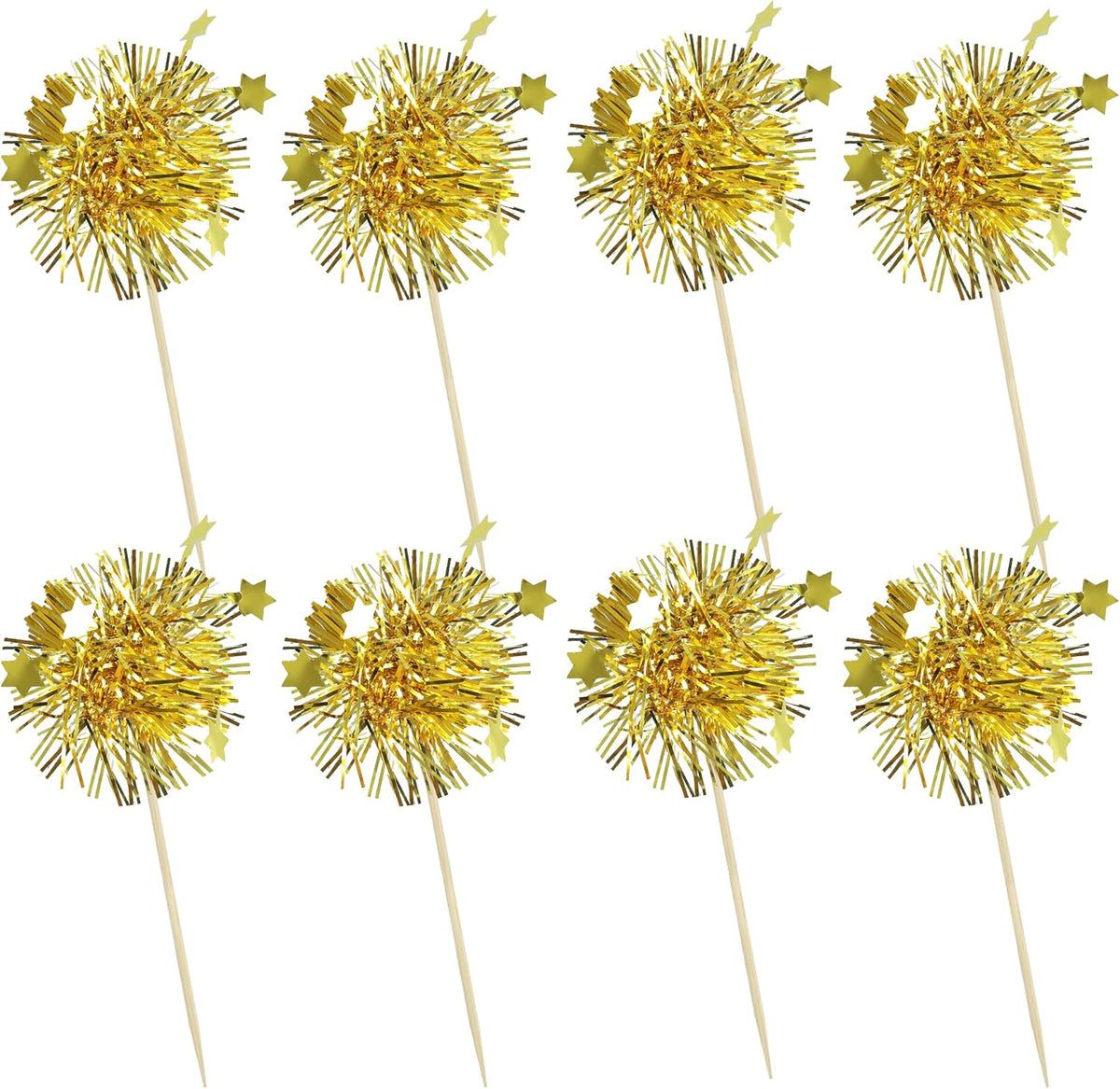 Ephlyn 30Pcs Foil Firework Cupcake Toppers Happy Birthday Cake Toppers Tinsel Flower Drink Stirrers
