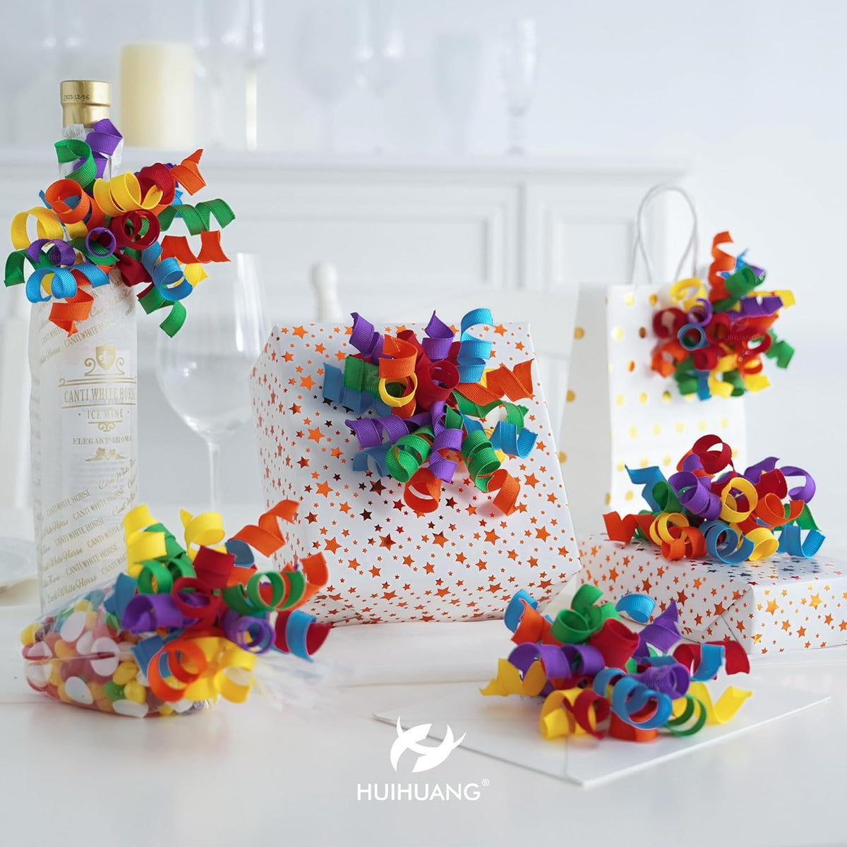HUIHUANG Rainbow Bows for Gift Wrapping, Birthday Curly Ribbon Bows Self Adhesive Burst Gift Bow