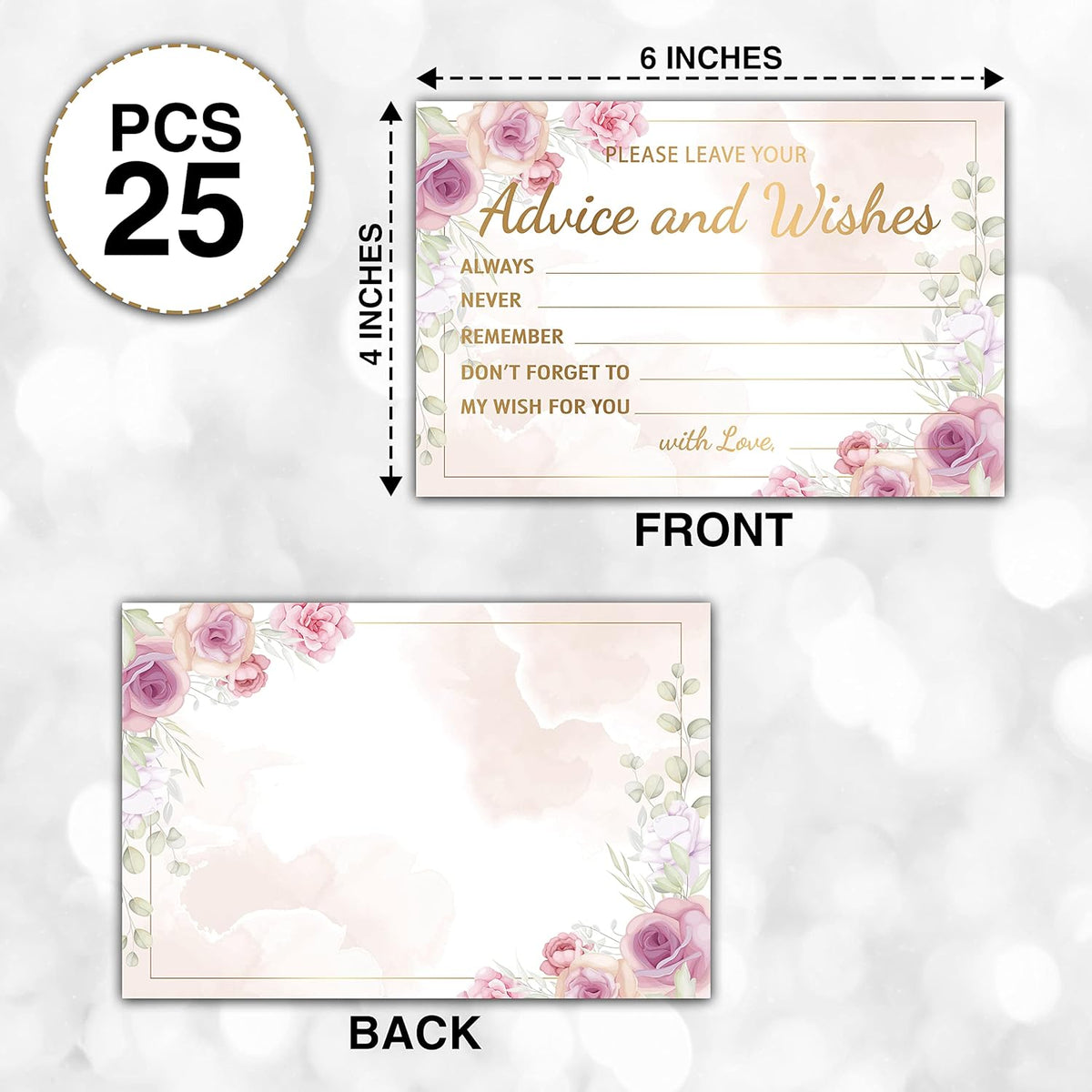 Purple Floral Advice and Wishes Cards, 25 Pcs Blush Pink Double Sided Advice Cards for The Bride