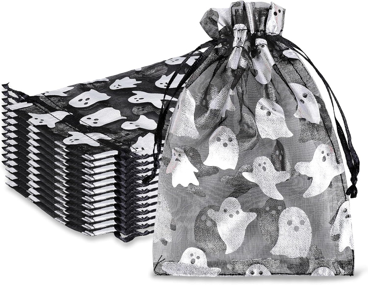 Whaline 100Pcs Halloween Organza Drawstring Bags Cute Foil Silver Ghost Jewelry Gift Bag 4''x6''