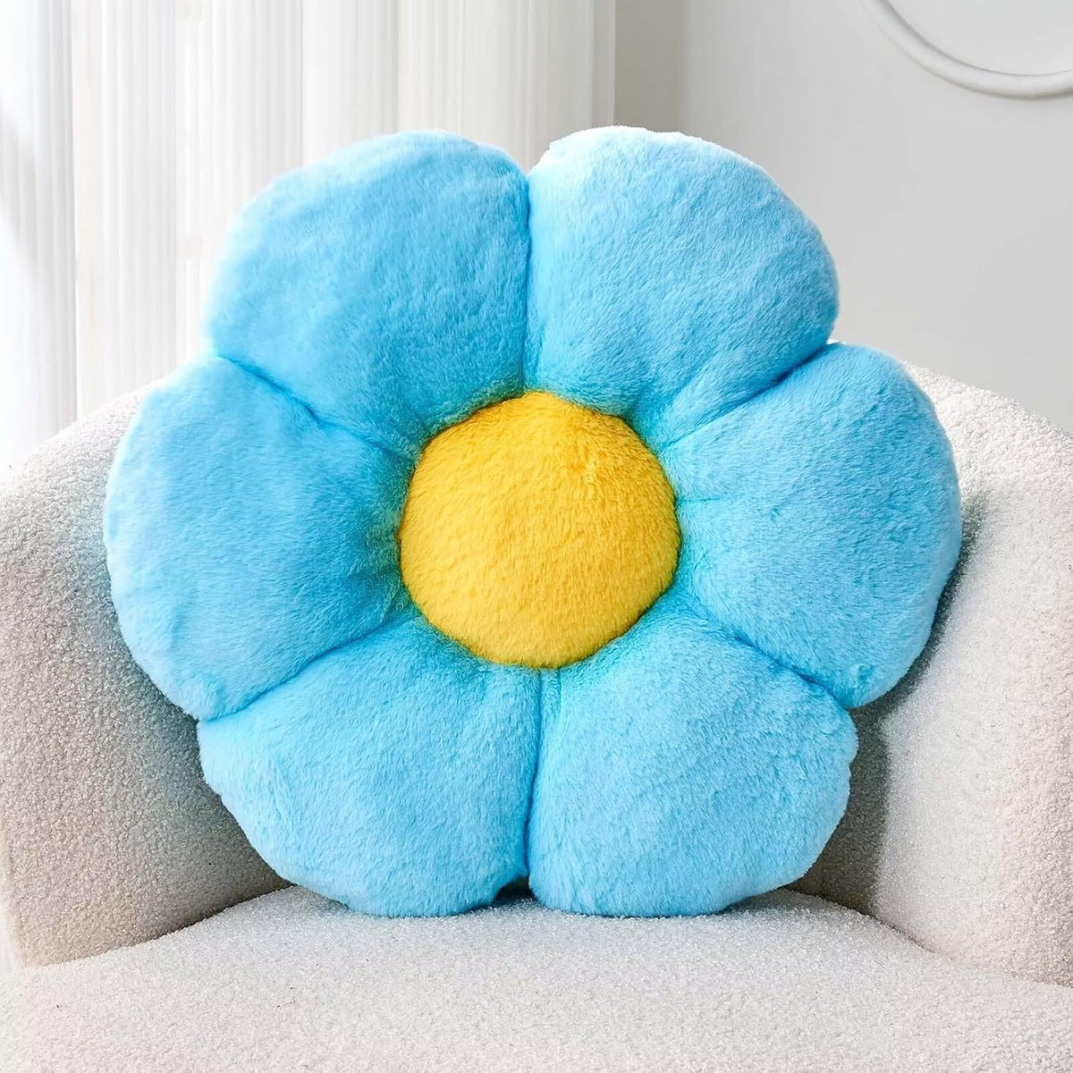 KCVCVR Cute Blue Flower Shaped Throw Pillow with Faux Rabbit Fur, 14.9" Soft Plush Floor Pillow for