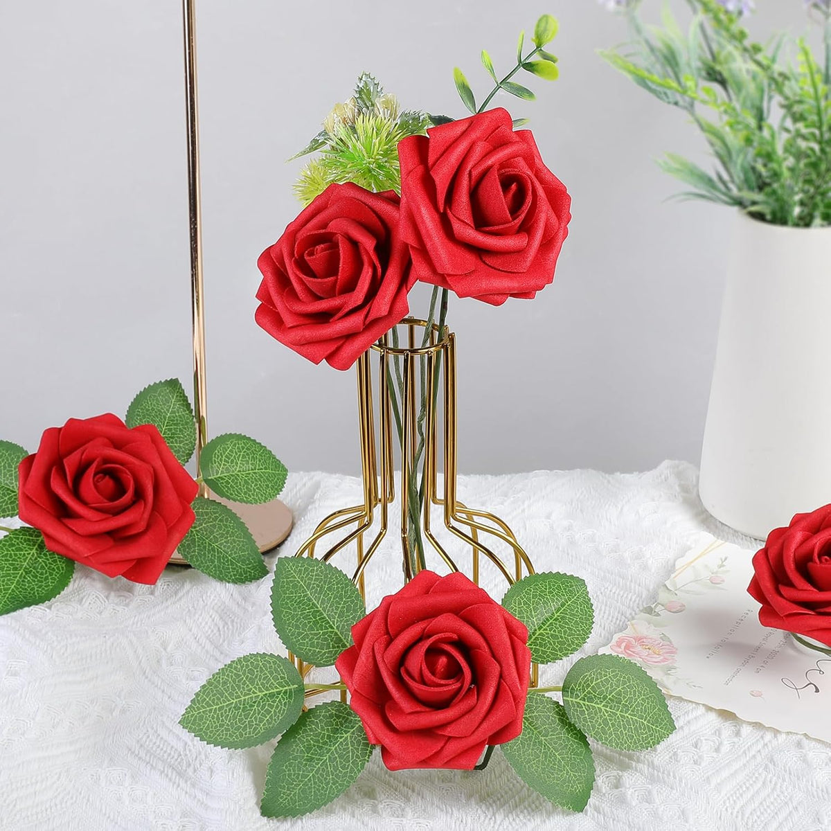 AmyHomie 25pcs Real Looking Artificial Red Roses w/Stem for DIY Wedding Bouquets Centerpieces