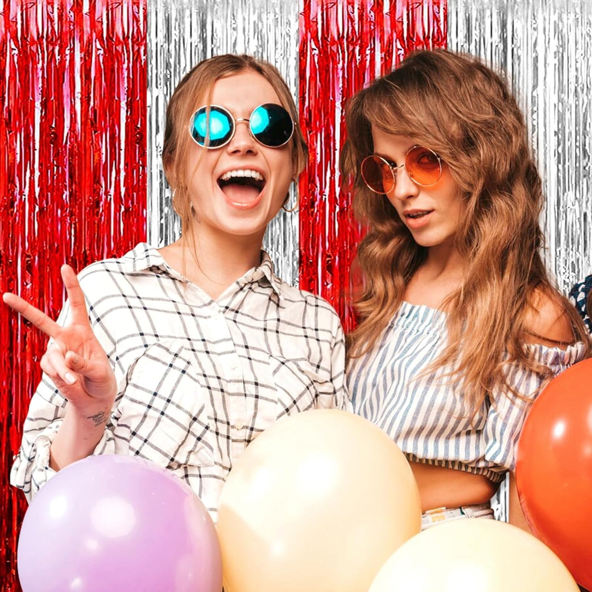 3 Pack Red Silver Foil Fringe Curtain Backdrop, 3.28Ft x 8.2Ft Metallic Tinsel Foil Fringe Streamer