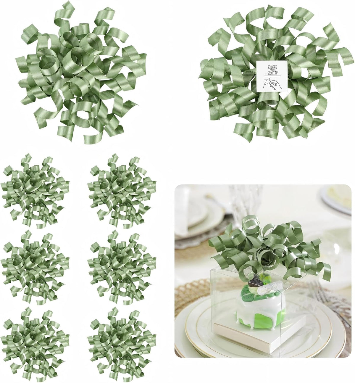 5'' Sage Green Bows Curly Ribbon Bows for Gift Wrapping, Satin Bows with Double-Sided Tape, Self