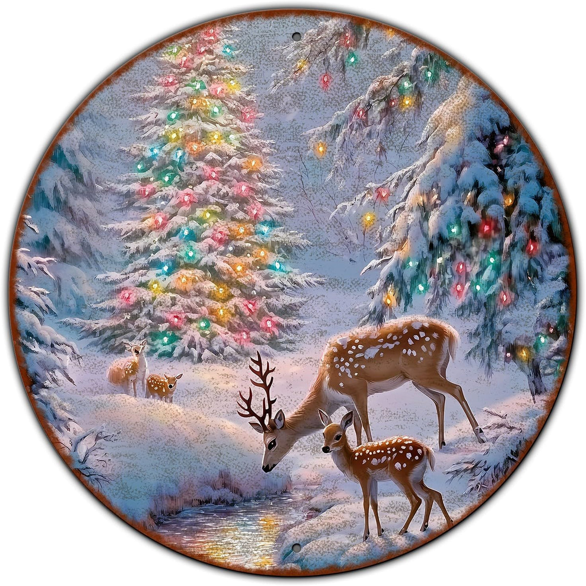 Christmas Tree Decor Round Metal Tin Sign Christmas Deer Vintage Tin Sign for Home Coffee Wall
