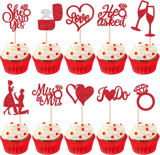 30 PCS He Asked She Said Yes Cupcake Toppers Glitter Engagement Cupcake Toppers Miss to Mrs I Do