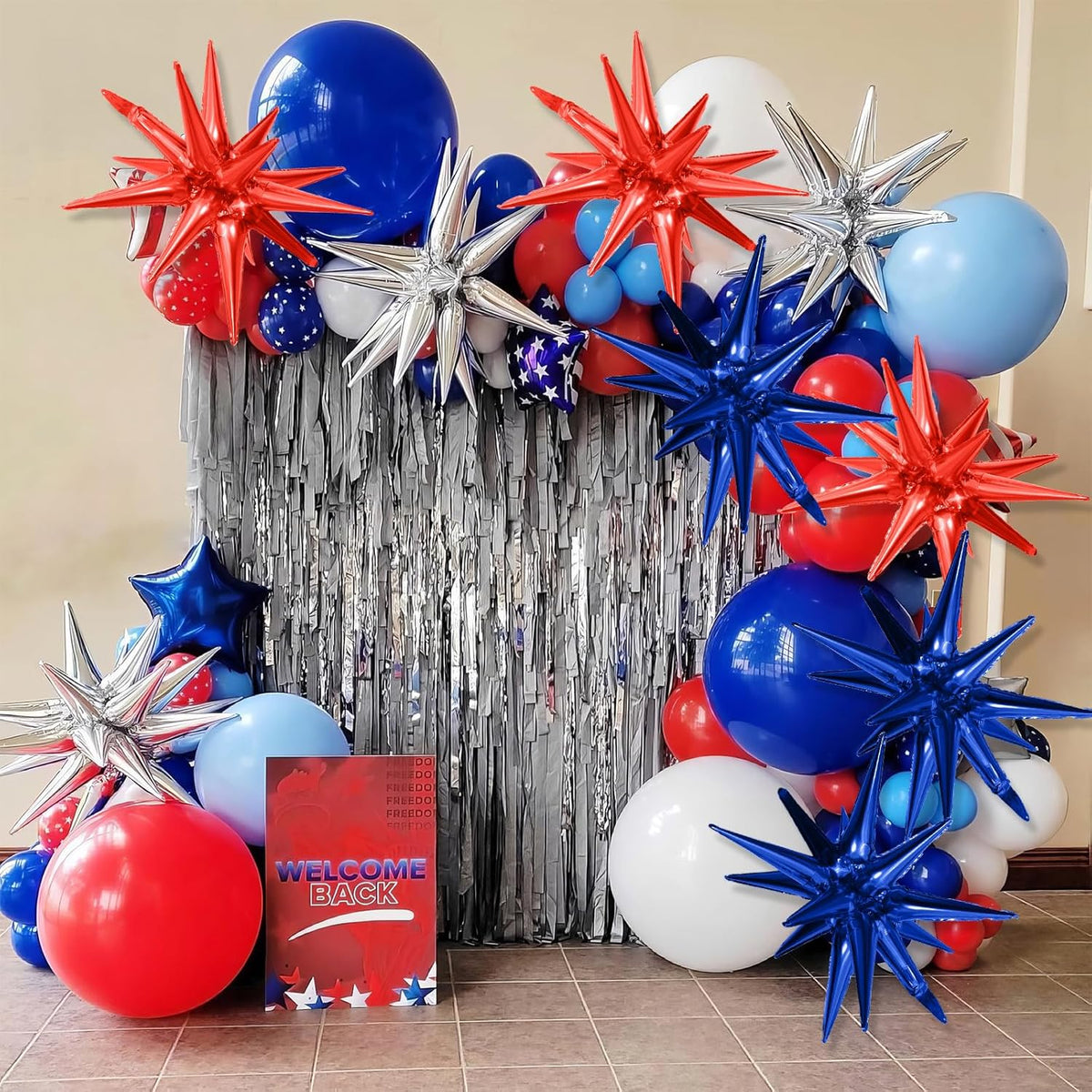 Red Blue Silver Star Balloons,9Pcs 22Inch Blue Red Silver Explosion Spike Cone Helium Polyester