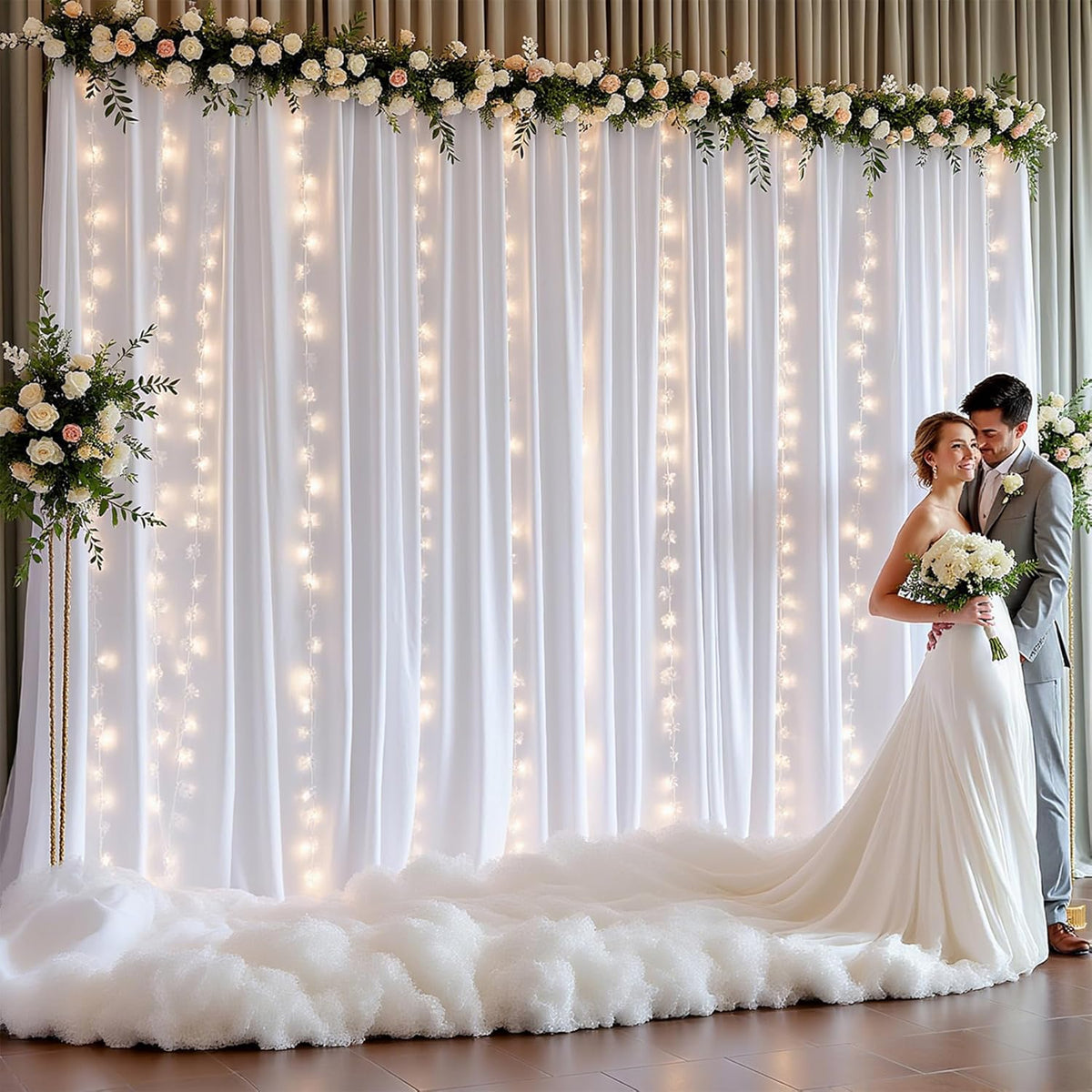 White Backdrop Curtains with Lights for Parties,10x10FT Wrinkle Free White Drapes Wedding Photo