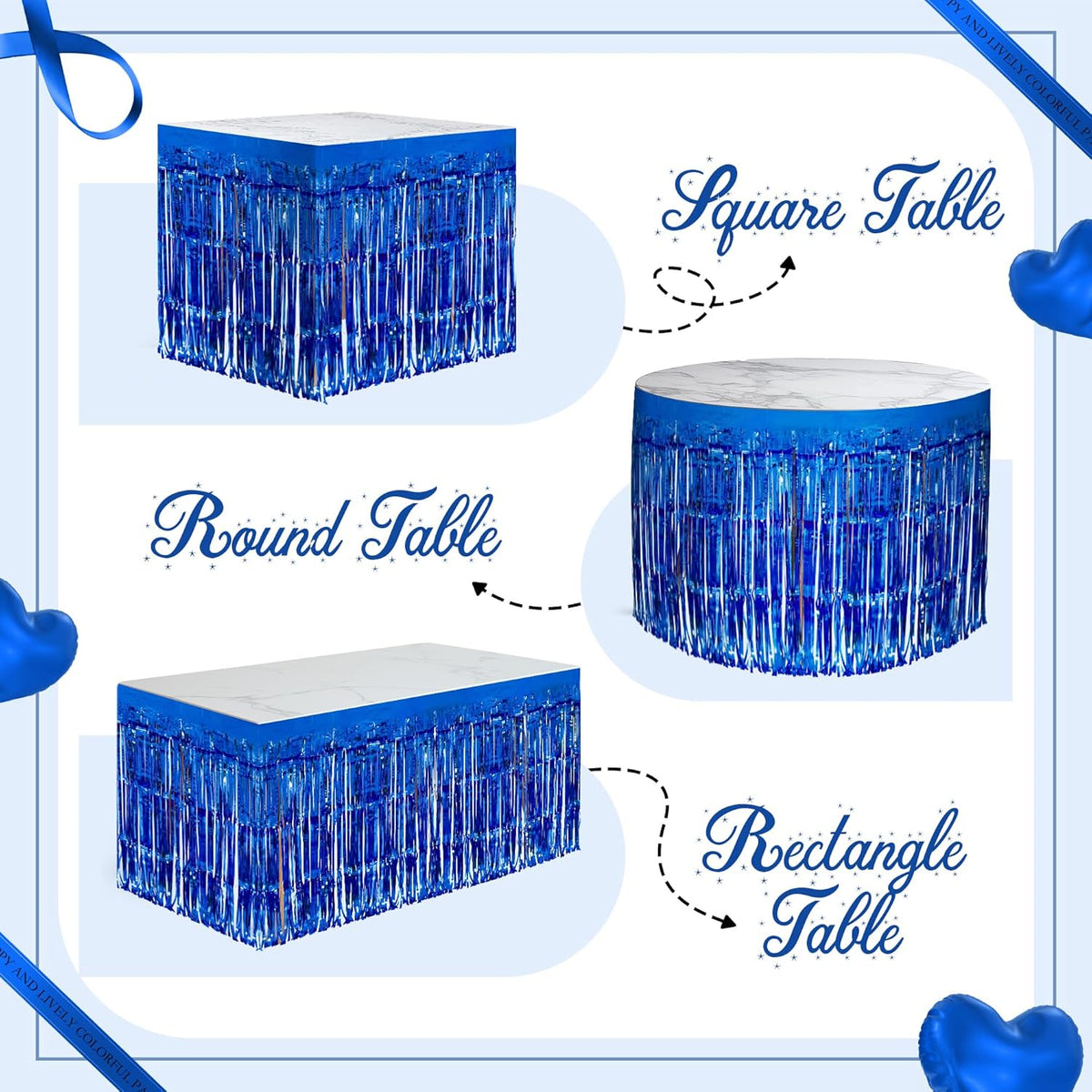 2 Pack Dark Blue Table Skirts, 29x108" Metallic Foil Tinsel Fringe Table Skirts for Rectangle