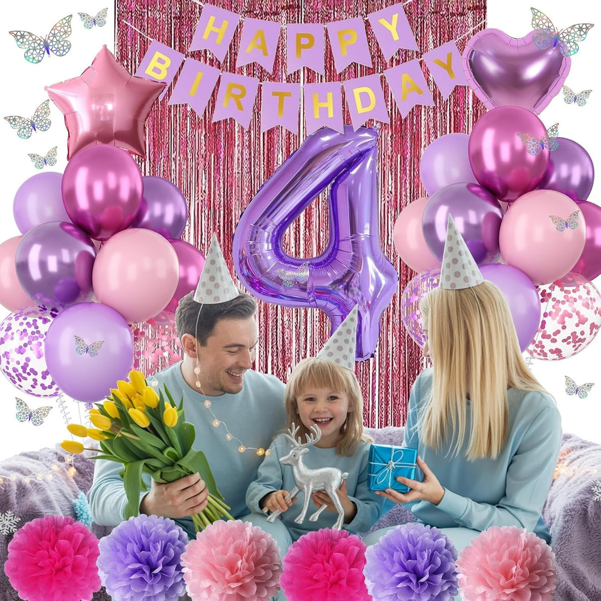 Pink Purple 4th Birthday Party Decorations for Girls Number 4 Balloon Happy Birthday Banner
