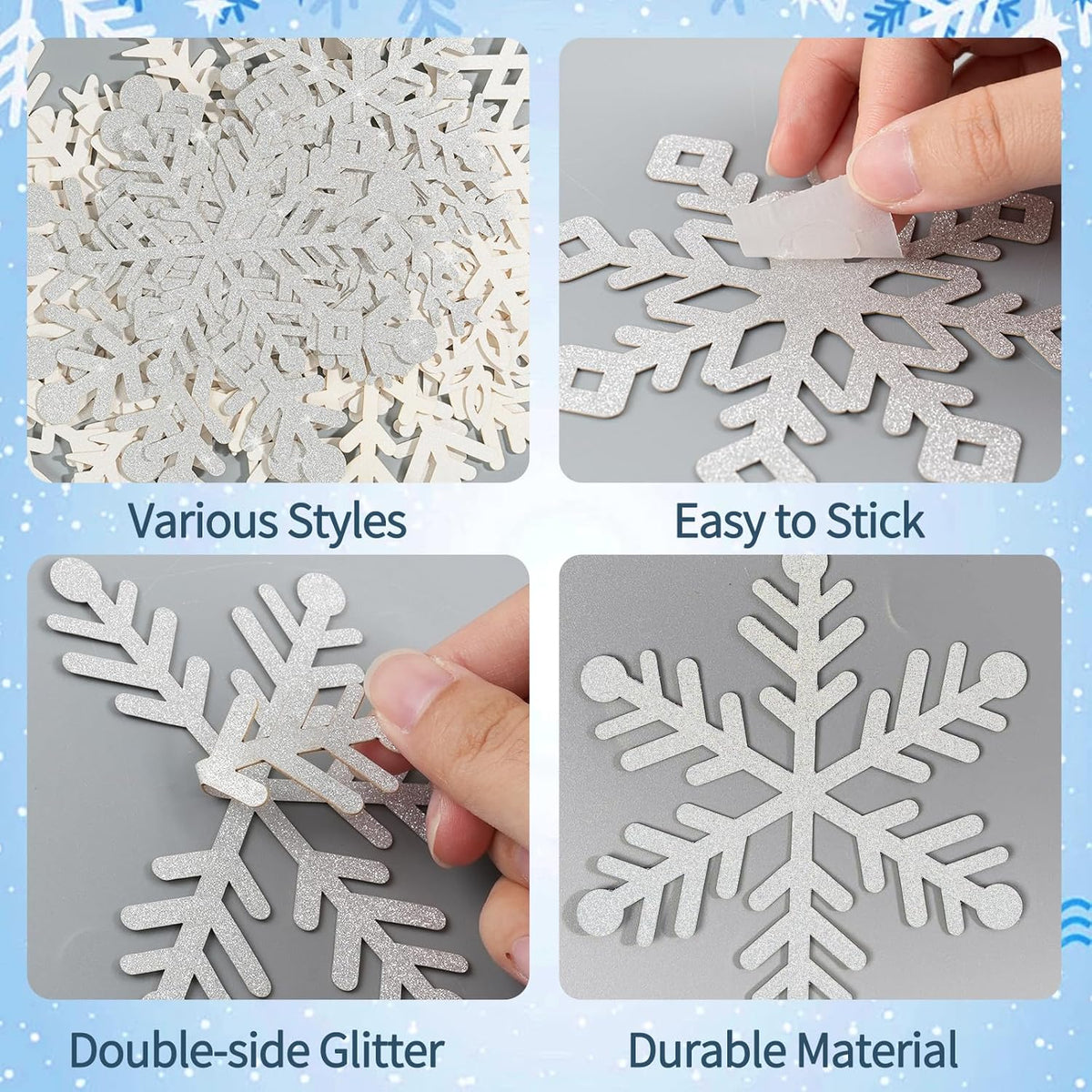 Winter Snowflake Cutouts - Glitter Paper Snowflake Decorations - 50Pcs White & Silver Double-Side
