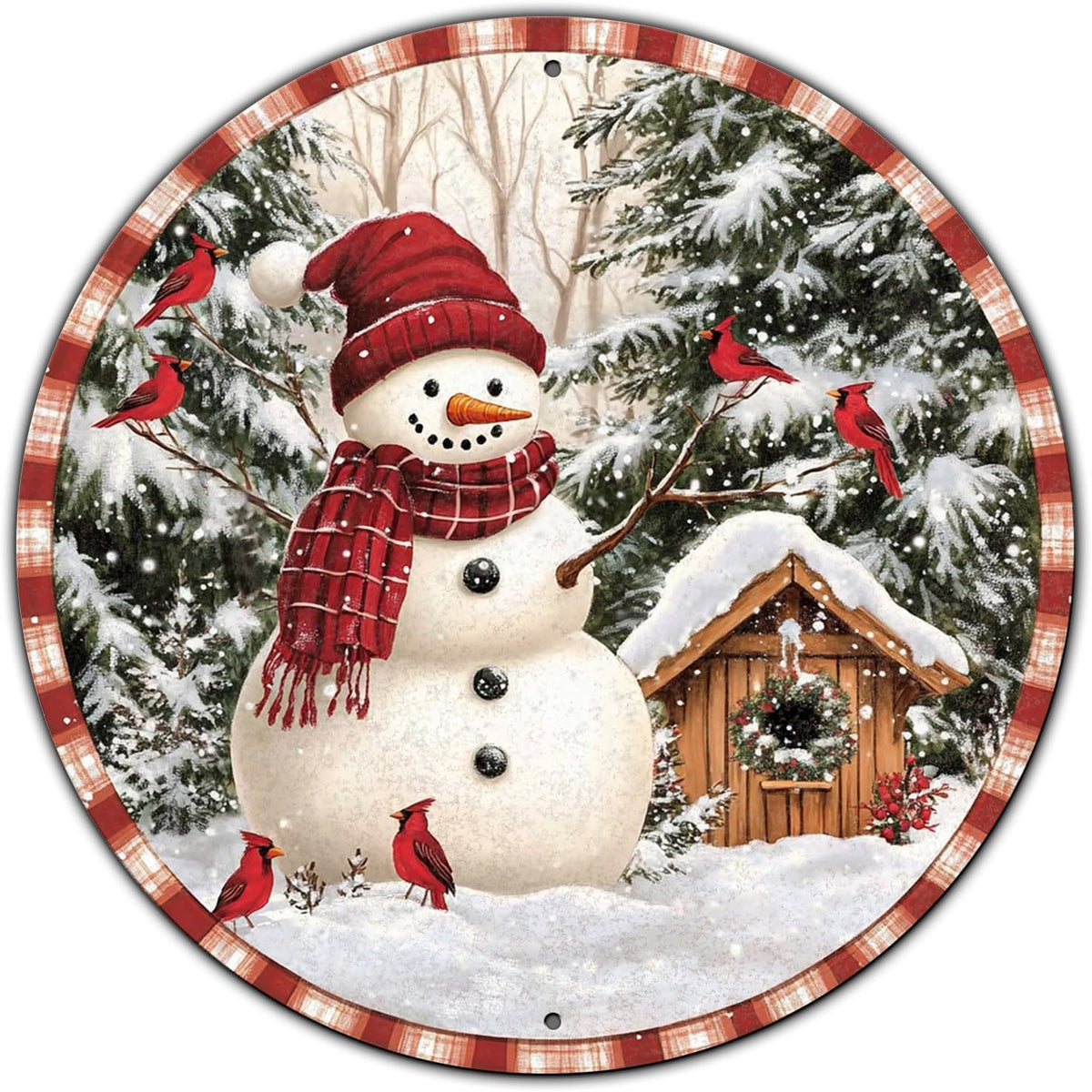 Round Christmas Metal Signs Vintage Snowman and Red Birds Tin Sign Metal Poster Christmas Snowman